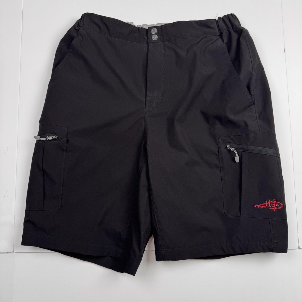 Reel Life Shorts Mens Medium (28x6) Black Cargo Fishing Swim Trunks Quick Dry